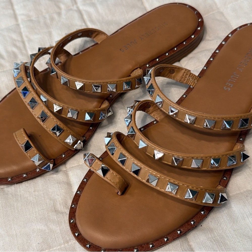 Sincerely Jules Tan Sandals with Silver Studs